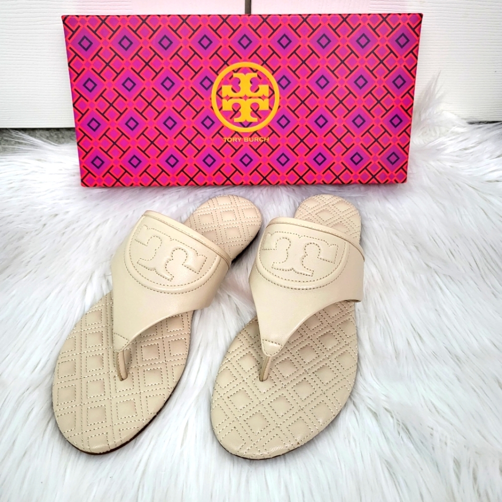 NIB TORY BURCH Fleming Flat Thong Sandal Slippers Nappa Leather Size 7.5